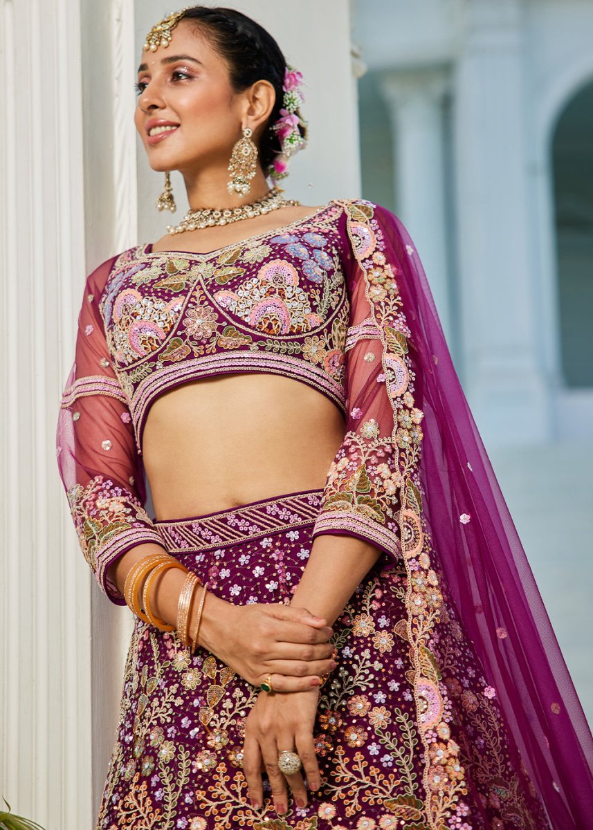Plum Purple Net Lehenga Choli with Coding & Zarkan Work - House of Sarvati LLC
