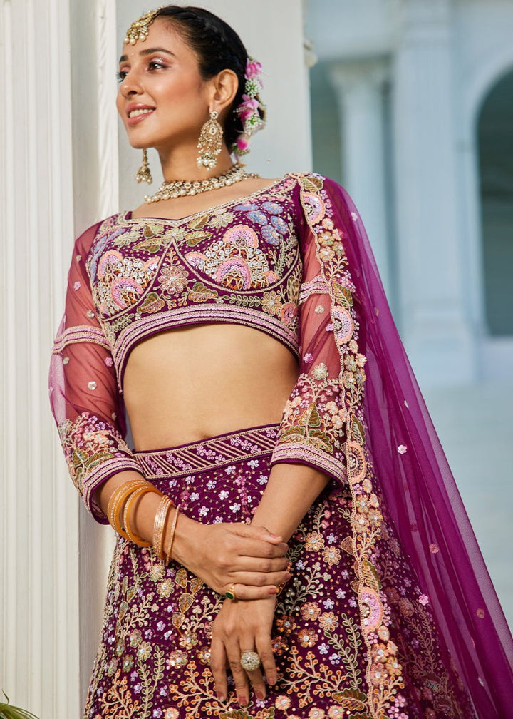 Plum Purple Net Lehenga Choli with Coding & Zarkan Work - House of Sarvati LLC