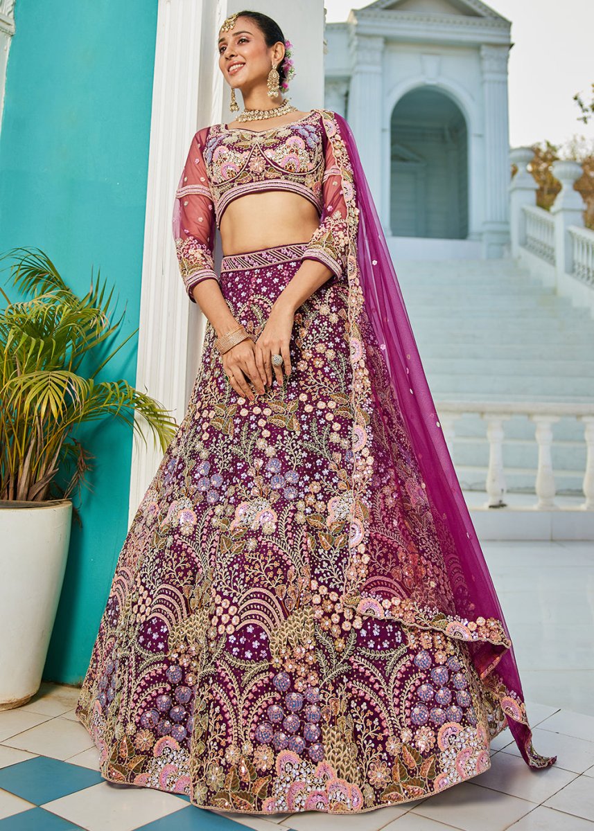 Plum Purple Net Lehenga Choli with Coding & Zarkan Work - House of Sarvati LLC