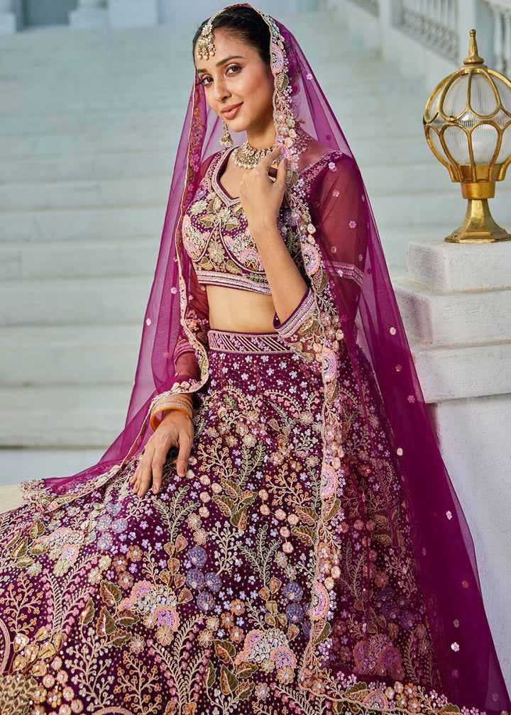 Plum Purple Net Lehenga Choli with Coding & Zarkan Work - House of Sarvati LLC