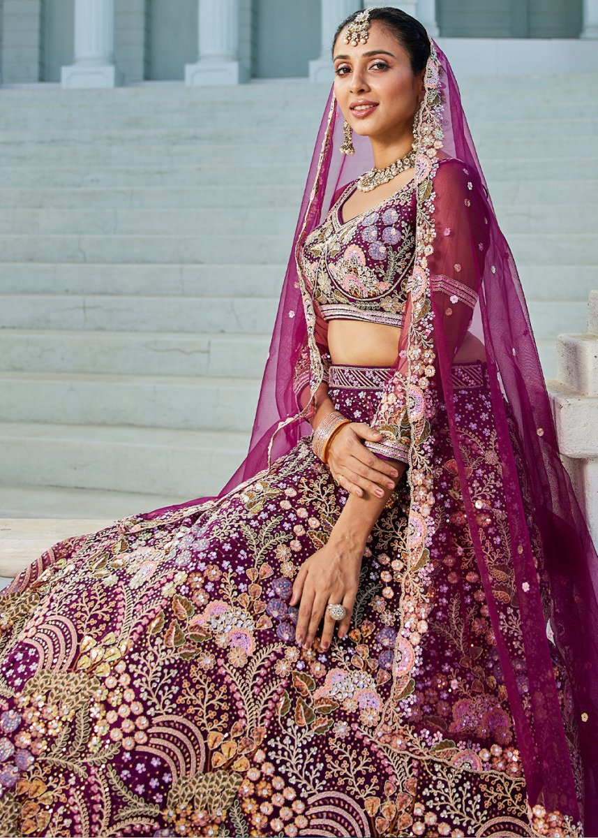 Plum Purple Net Lehenga Choli with Coding & Zarkan Work - House of Sarvati LLC