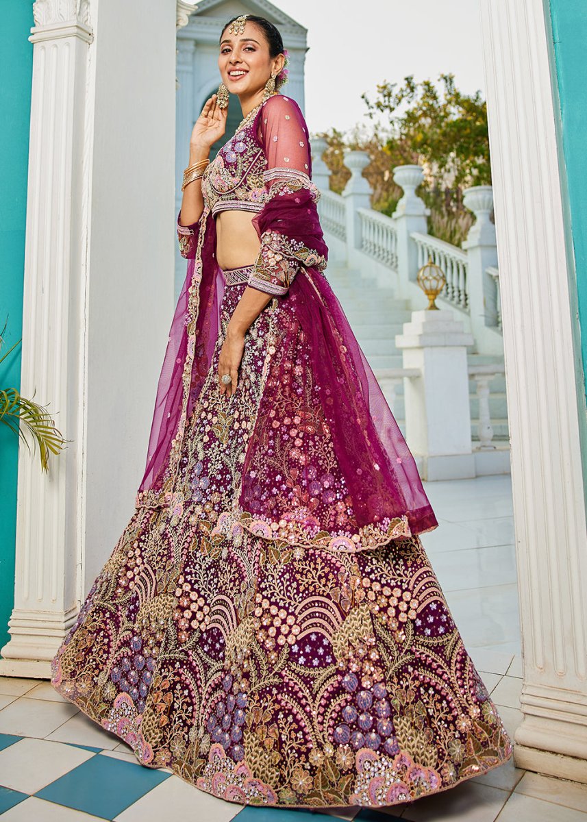 Plum Purple Net Lehenga Choli with Coding & Zarkan Work - House of Sarvati LLC