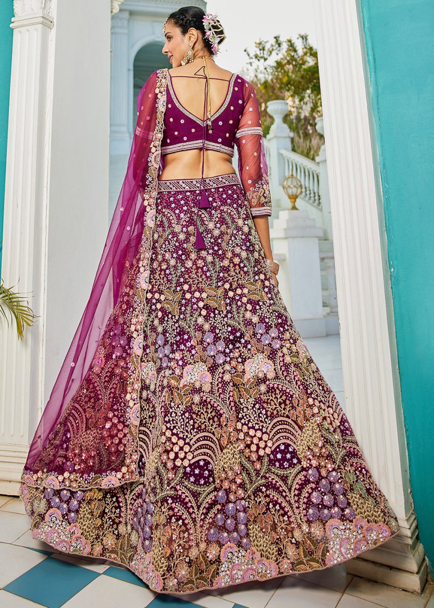 Plum Purple Net Lehenga Choli with Coding & Zarkan Work - House of Sarvati LLC