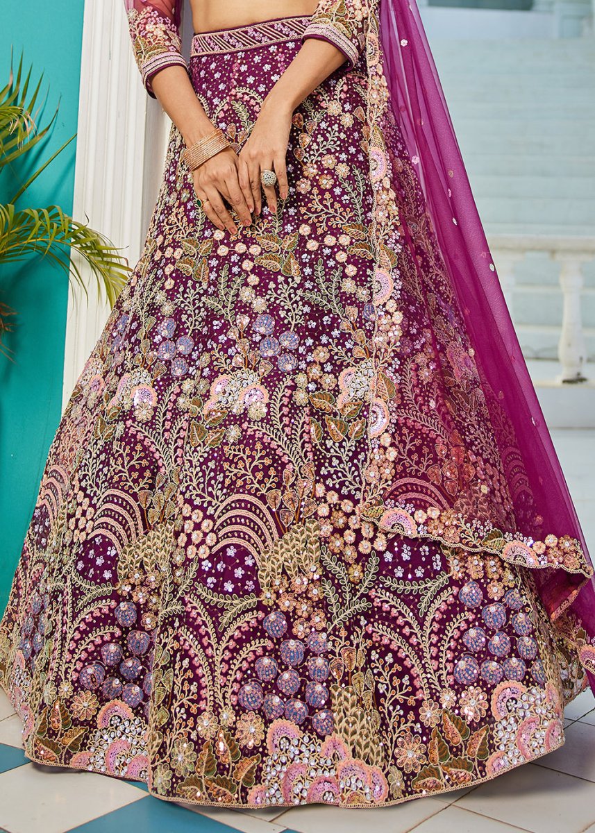 Plum Purple Net Lehenga Choli with Coding & Zarkan Work - House of Sarvati LLC