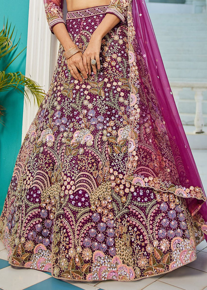 Plum Purple Net Lehenga Choli with Coding & Zarkan Work - House of Sarvati LLC