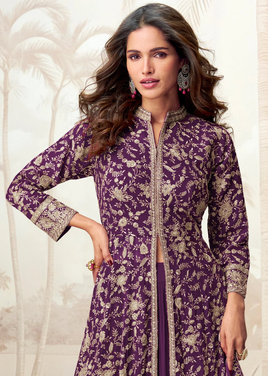 Plum Purple Skirt Top Ensemble with Embroidered Georgette Jacket - House of Sarvati LLC