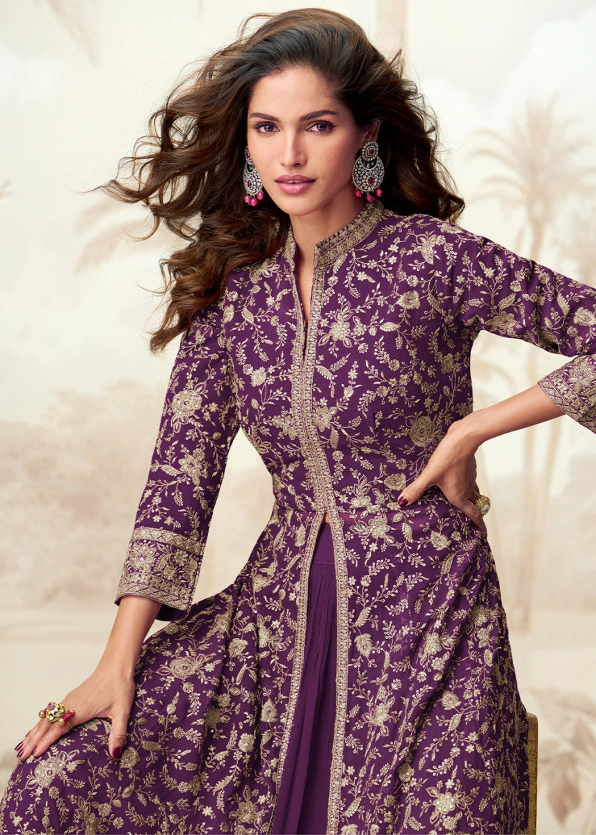 Plum Purple Skirt Top Ensemble with Embroidered Georgette Jacket - House of Sarvati LLC