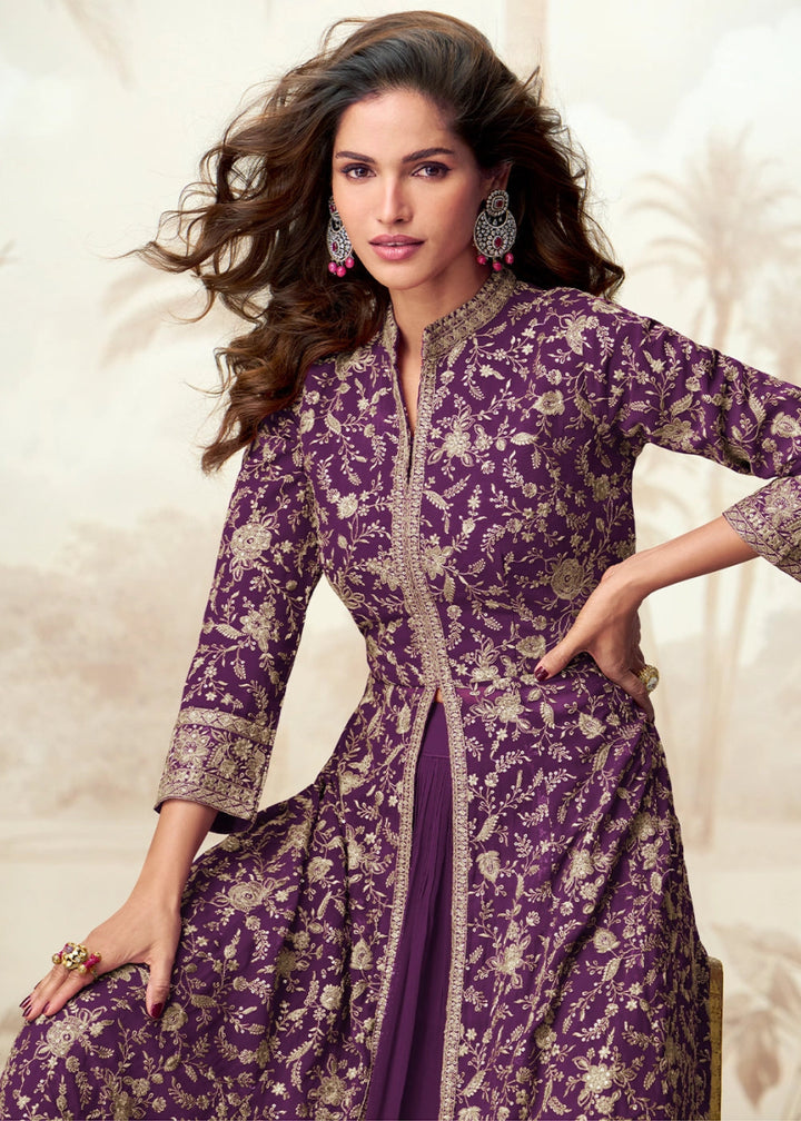 Plum Purple Skirt Top Ensemble with Embroidered Georgette Jacket - House of Sarvati LLC