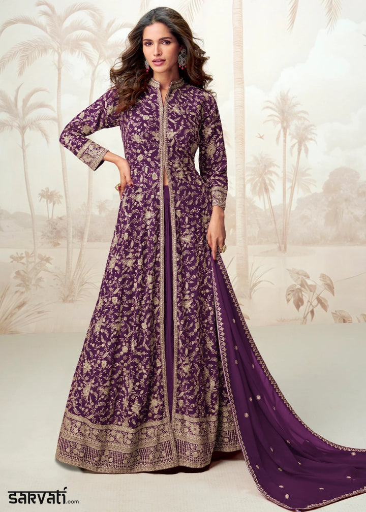 Plum Purple Skirt Top Ensemble with Embroidered Georgette Jacket - House of Sarvati LLC