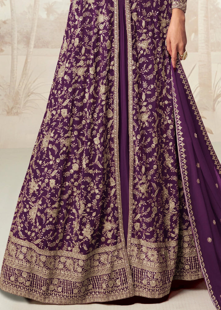 Plum Purple Skirt Top Ensemble with Embroidered Georgette Jacket - House of Sarvati LLC