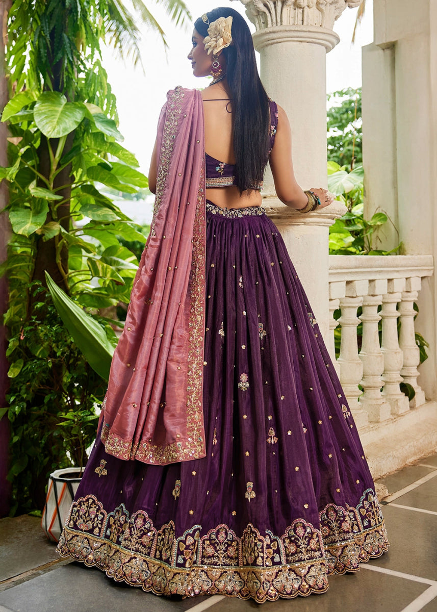 Plum Purple Tissue Lehenga Choli with Elegant Floral Embroidery - House of Sarvati LLC