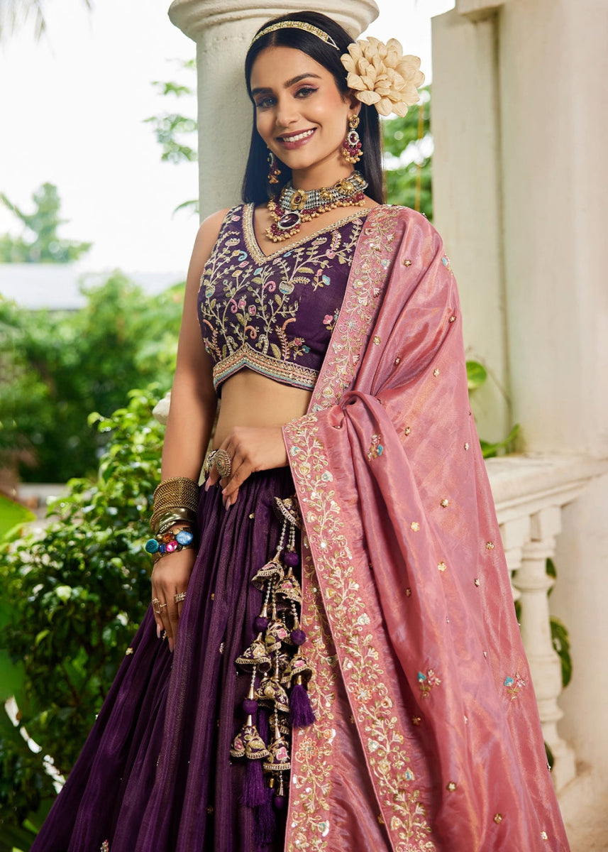 Plum Purple Tissue Lehenga Choli with Elegant Floral Embroidery - House of Sarvati LLC
