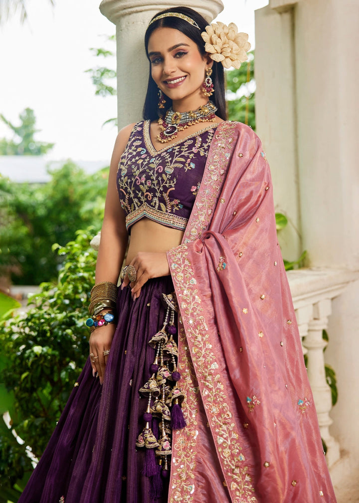Plum Purple Tissue Lehenga Choli with Elegant Floral Embroidery - House of Sarvati LLC