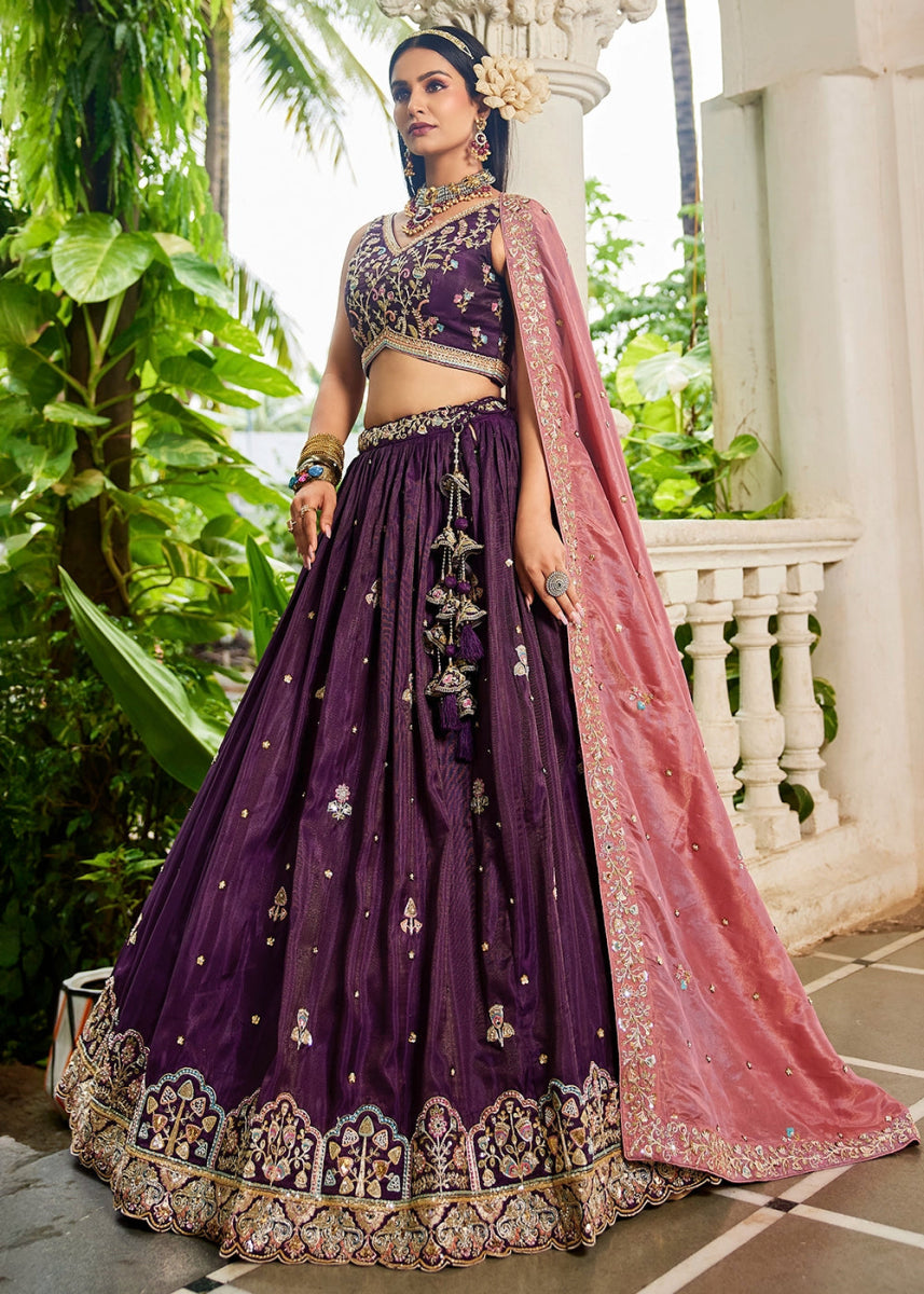 Plum Purple Tissue Lehenga Choli with Elegant Floral Embroidery - House of Sarvati LLC