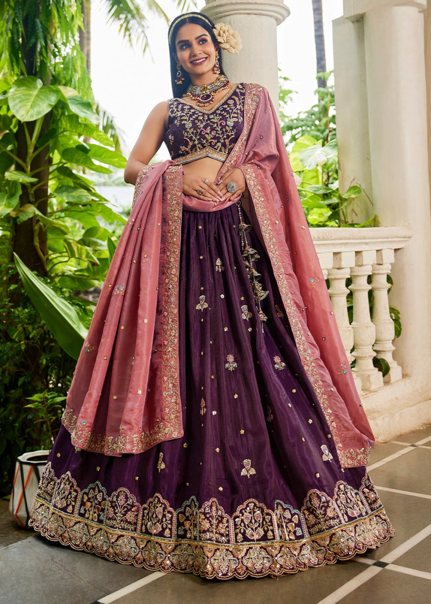 Plum Purple Tissue Lehenga Choli with Elegant Floral Embroidery - House of Sarvati LLC