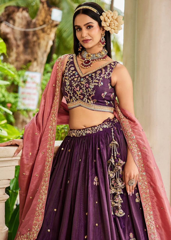 Plum Purple Tissue Lehenga Choli with Elegant Floral Embroidery - House of Sarvati LLC