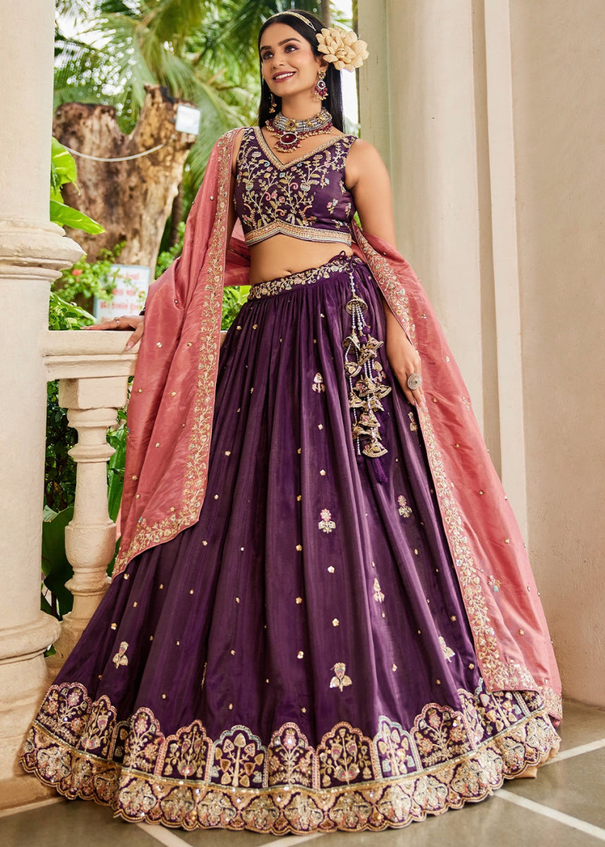 Plum Purple Tissue Lehenga Choli with Elegant Floral Embroidery - House of Sarvati LLC