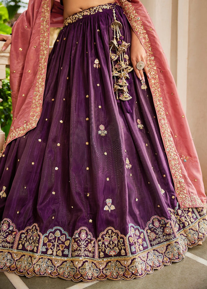 Plum Purple Tissue Lehenga Choli with Elegant Floral Embroidery - House of Sarvati LLC