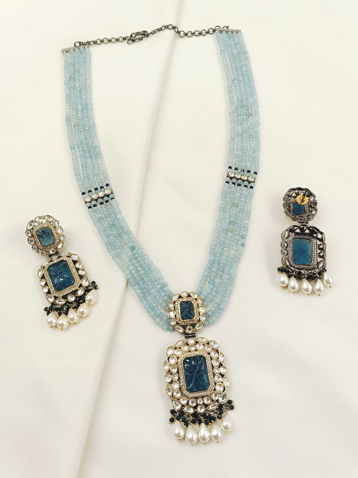 Rehemat Navy Blue Stone Gold & Rhodium Plated Victorian Set