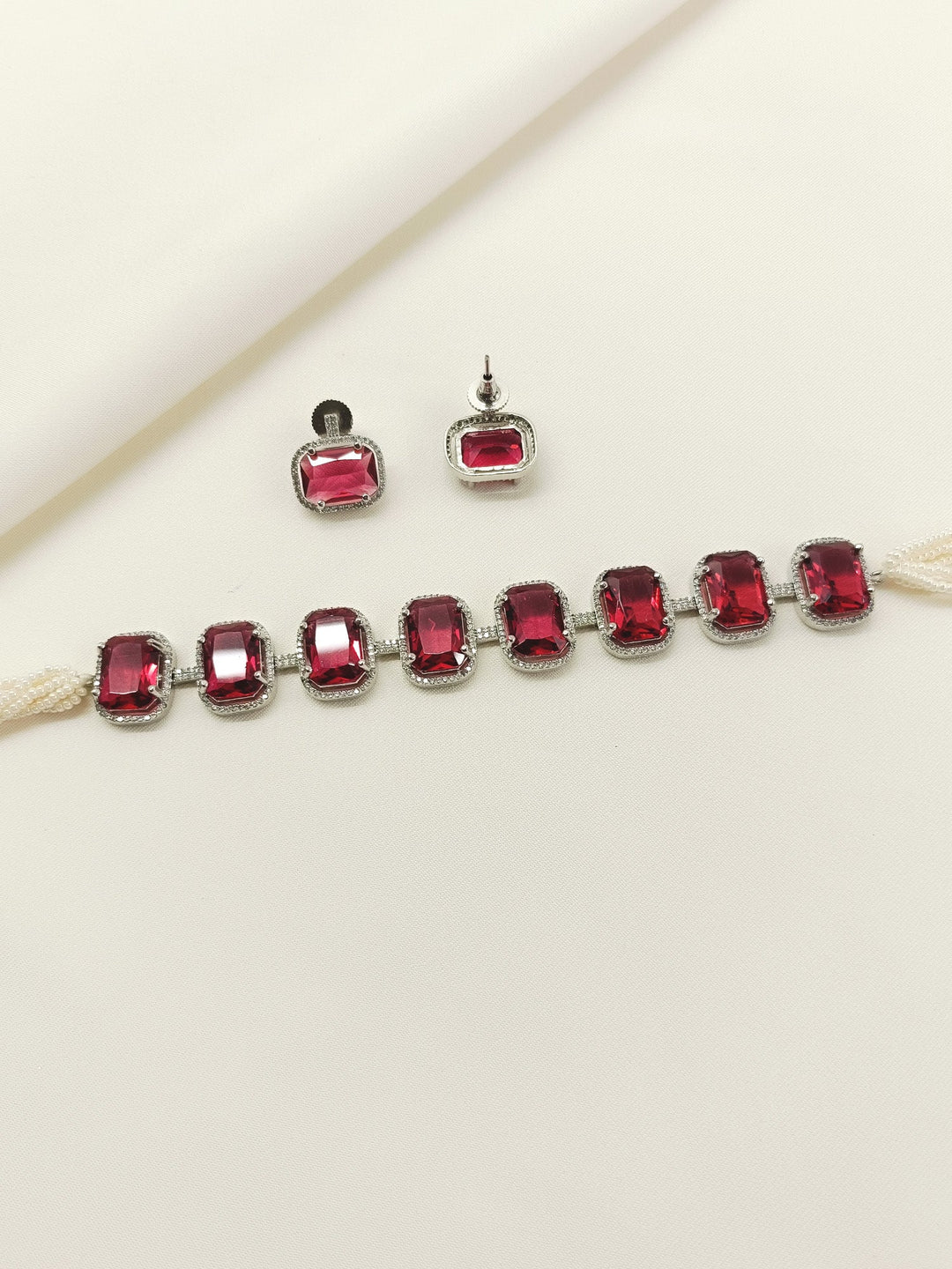 Saaleha Ruby Diamond Stone Silver Plated Choker Set
