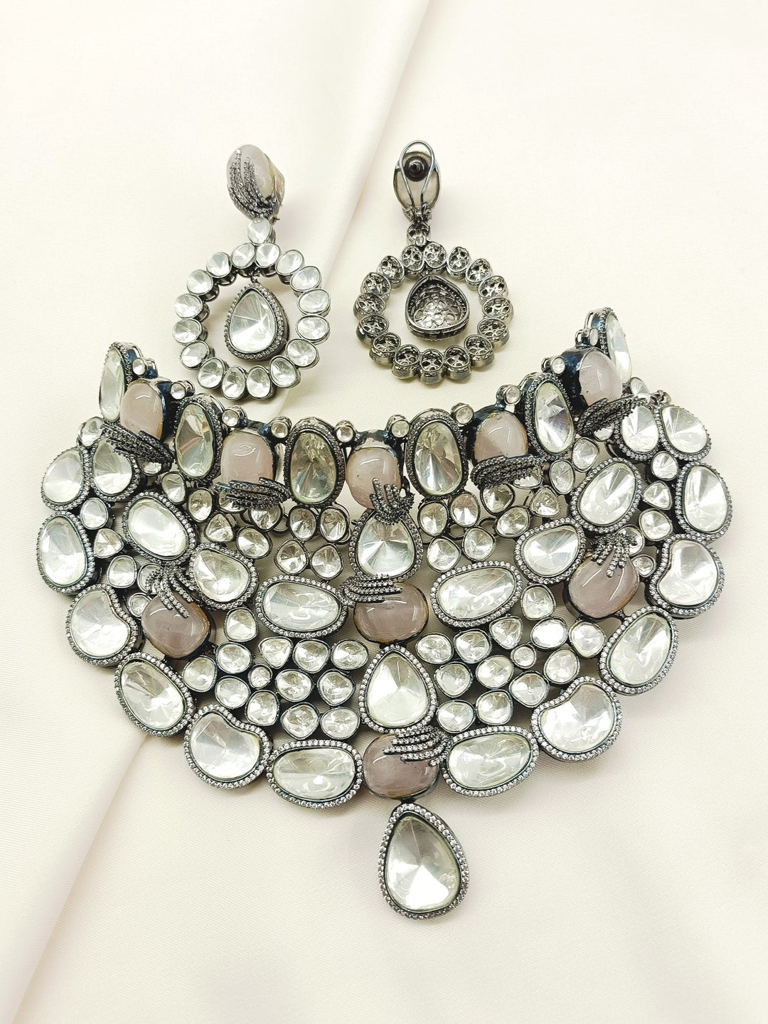 Sulakshna Grey Victorian Necklace Set - Rhodium-Plated Brass