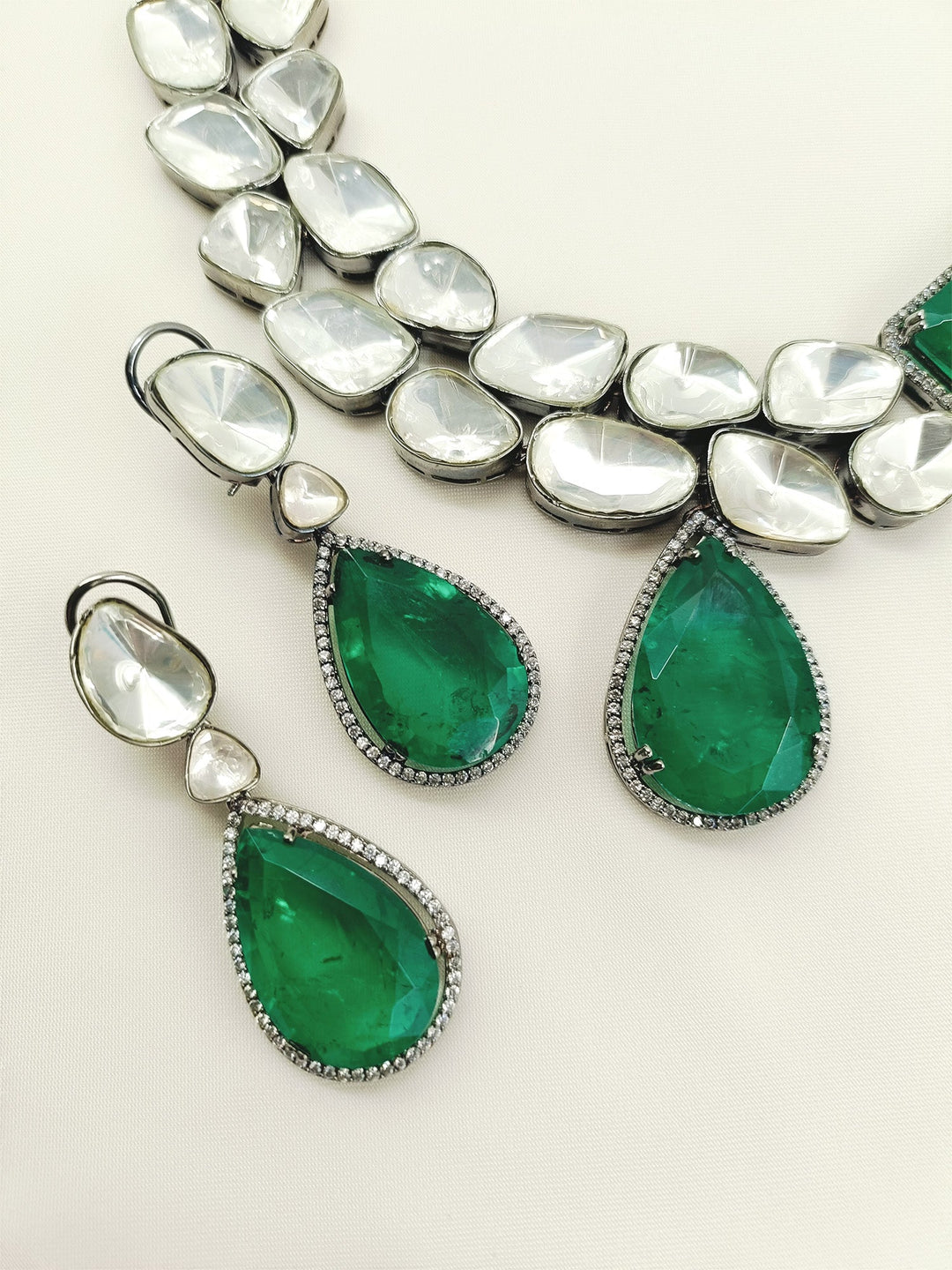 Aziya Double Layered Uncut Diamond Polki Long Set