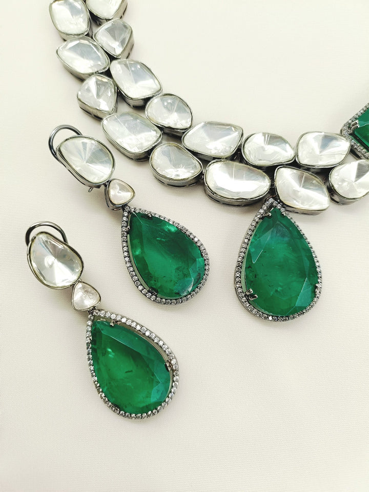 Aziya Double Layered Uncut Diamond Polki Long Set