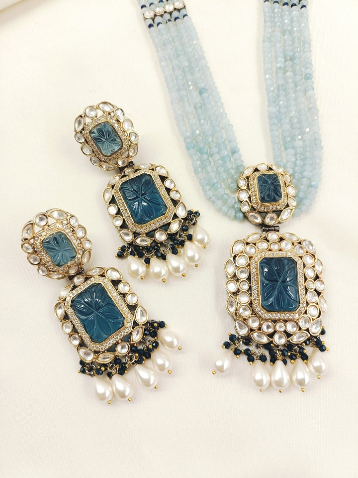 Rehemat Navy Blue Stone Gold & Rhodium Plated Victorian Set