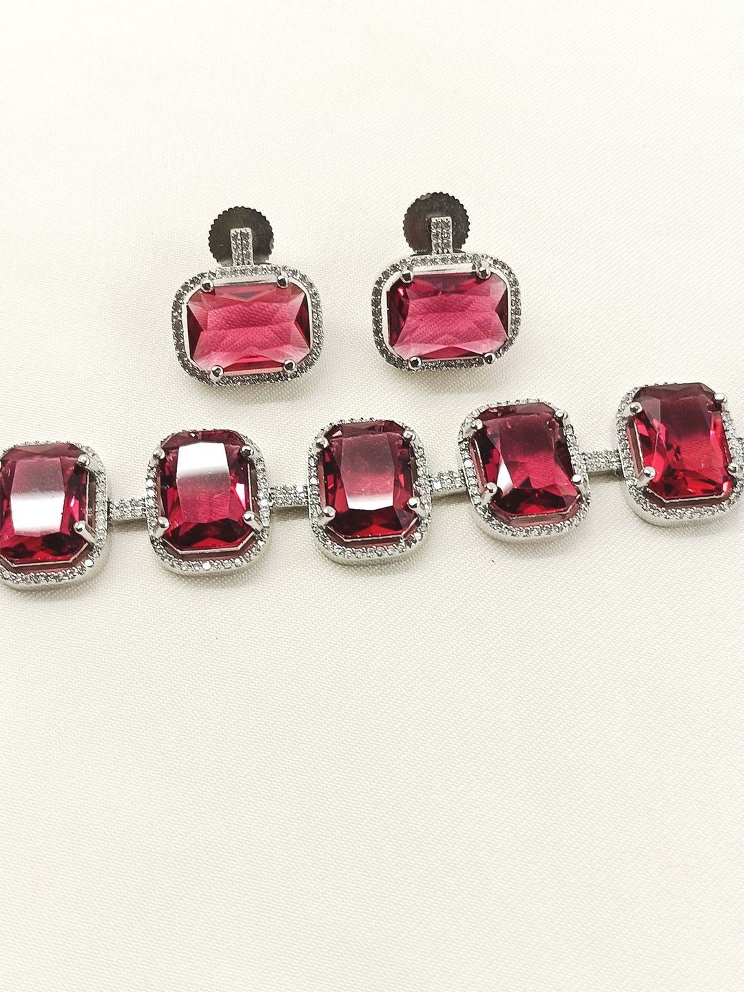 Saaleha Ruby Diamond Stone Silver Plated Choker Set