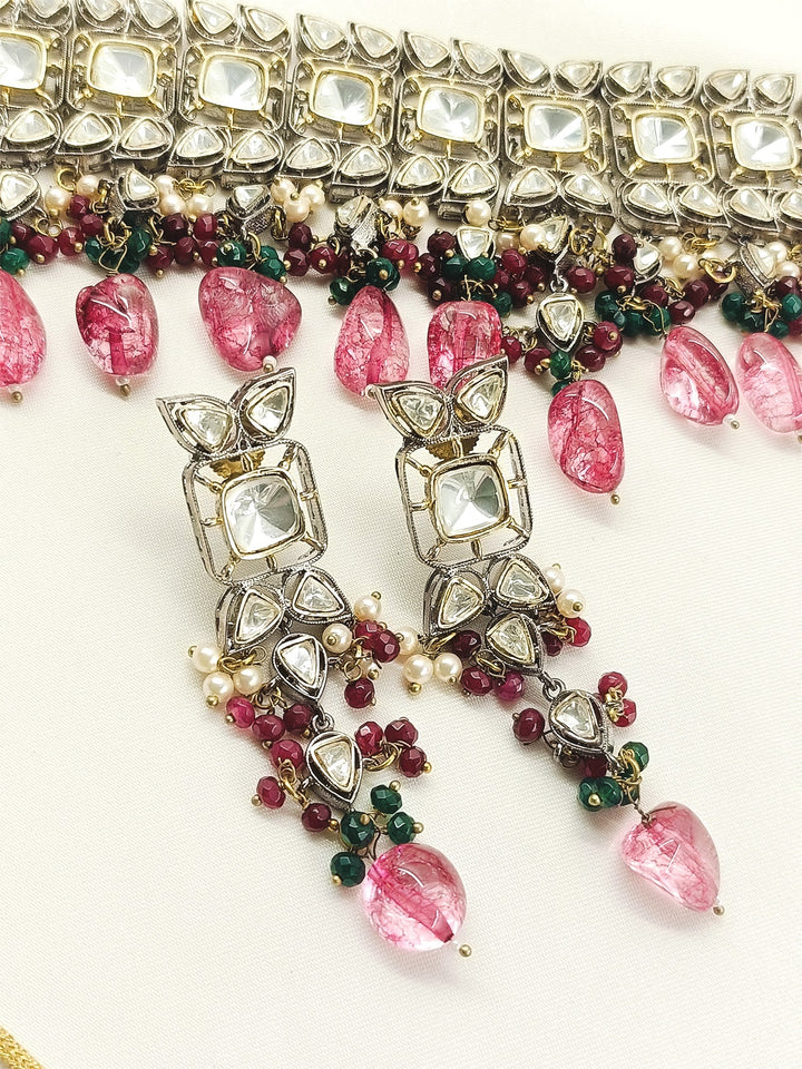 Daniya Rose Gold And Green Rhodium Plated Victorian Necklace Set