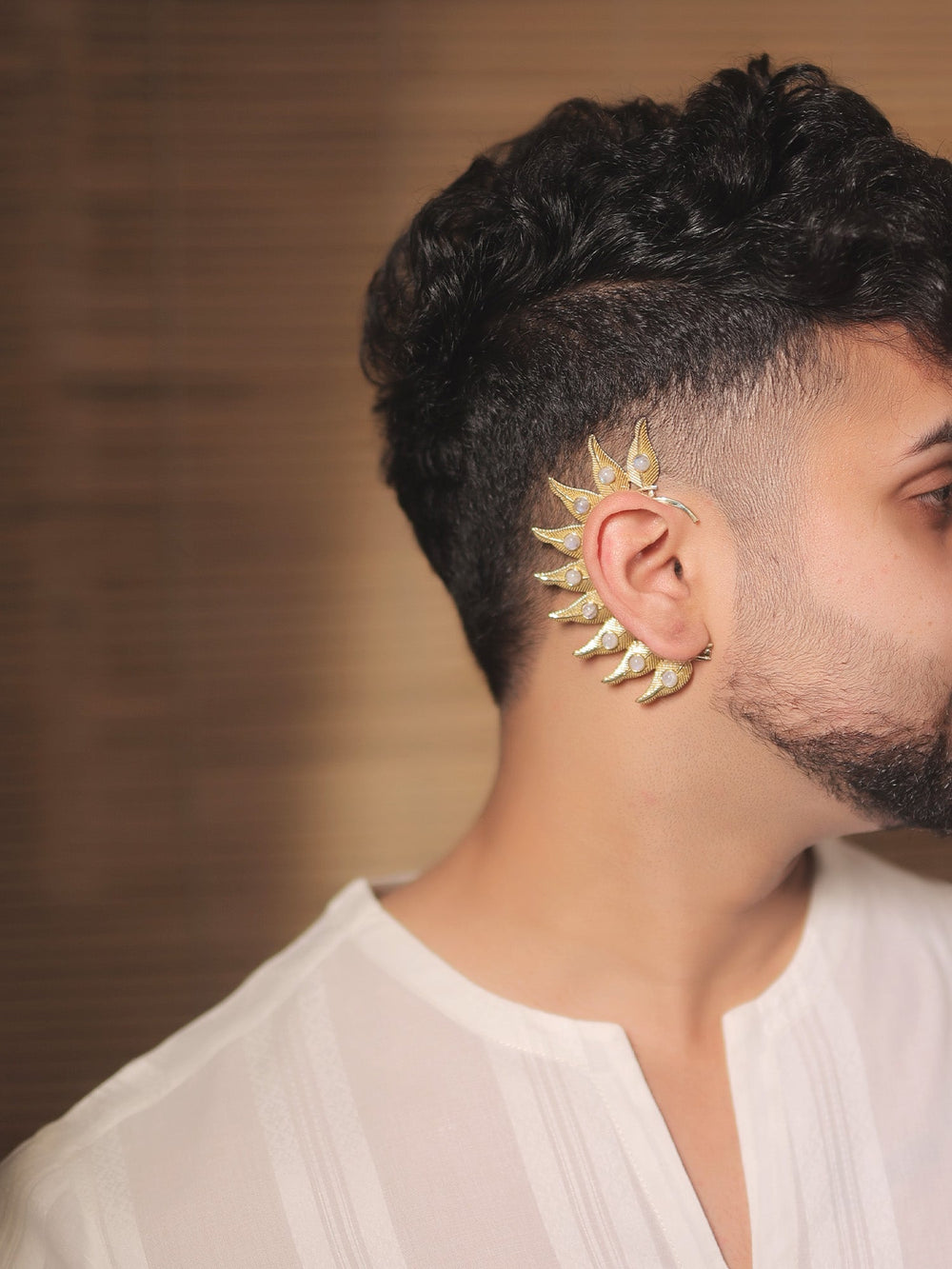 Sabine White Men’s Gold Feather Earcuff - Men's Pearl Accent