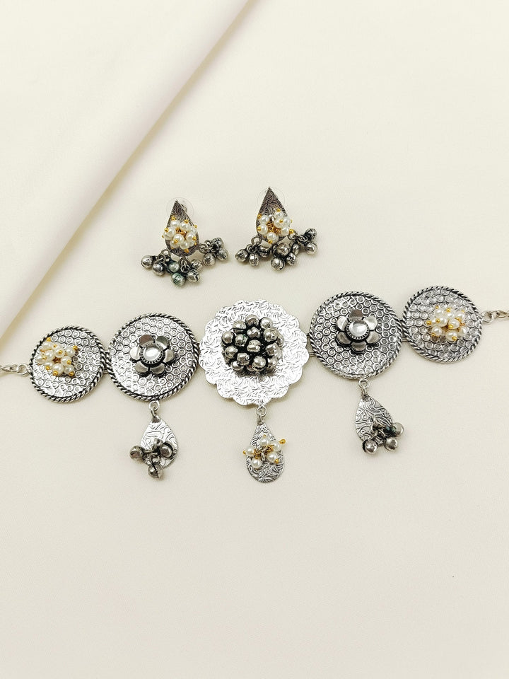 Dipali White Oxidized Choker Set