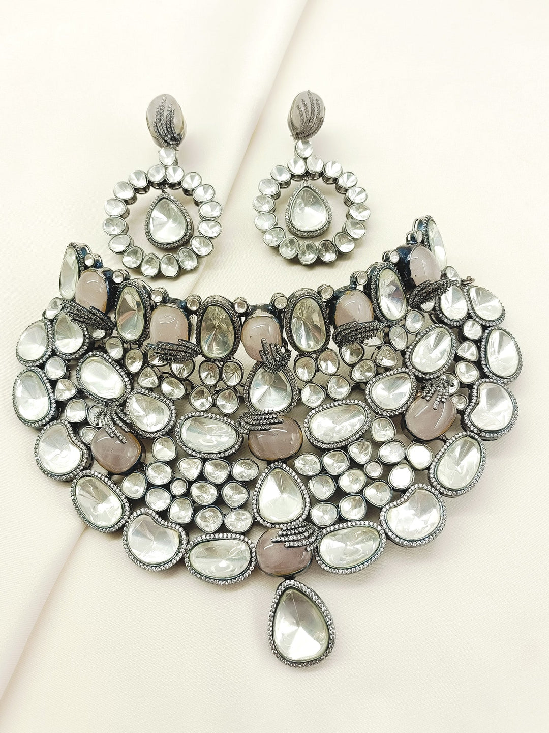 Sulakshna Grey Victorian Necklace Set - Rhodium-Plated Brass