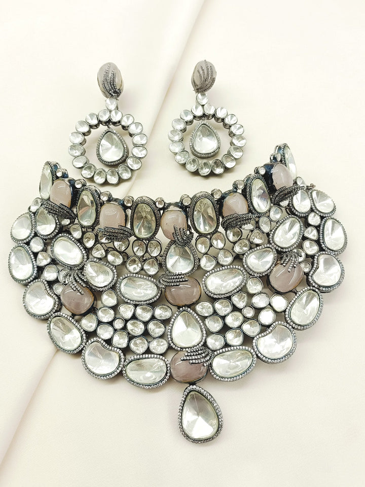 Sulakshna Grey Victorian Necklace Set - Rhodium-Plated Brass