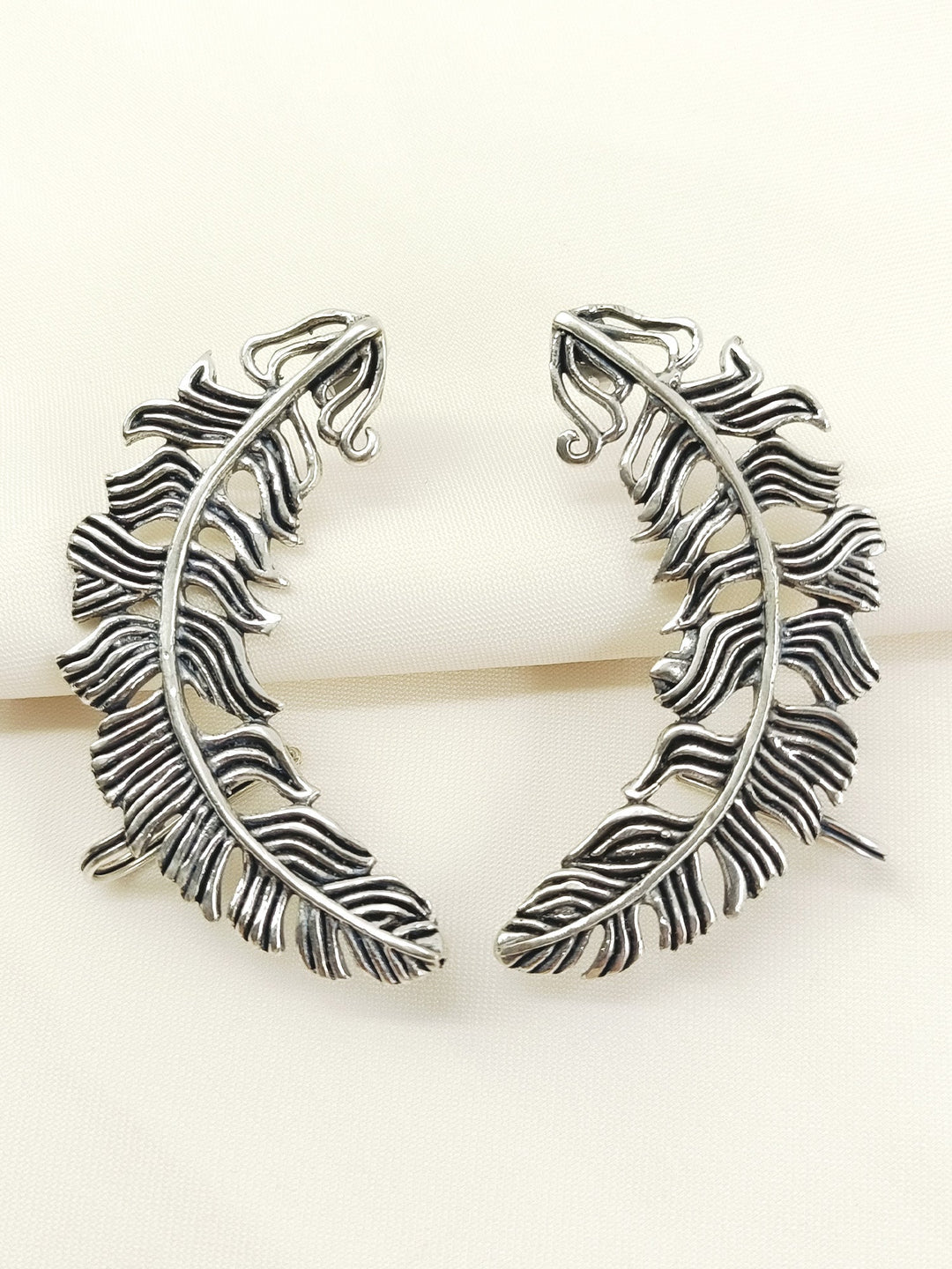 Aadith Silver Men’s Oxidized Silver Feather Earrings - Ear