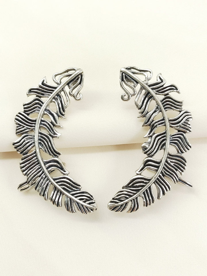 Aadith Silver Men’s Oxidized Silver Feather Earrings - Ear