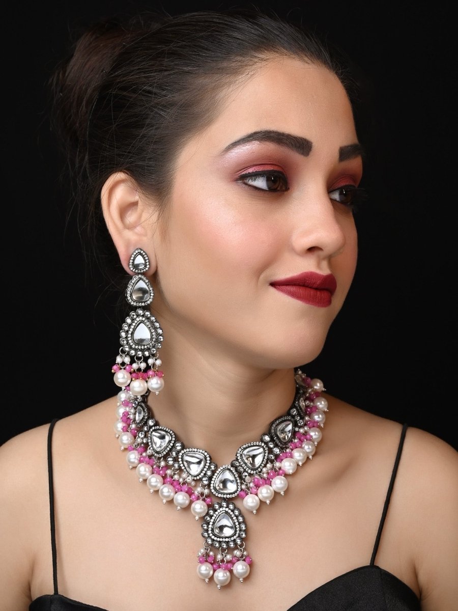 Poornima Pink Kundan Necklace Set - House of Sarvati LLC