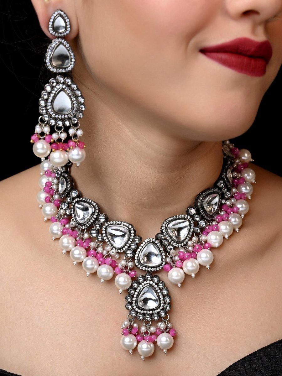 Poornima Pink Kundan Necklace Set - House of Sarvati LLC