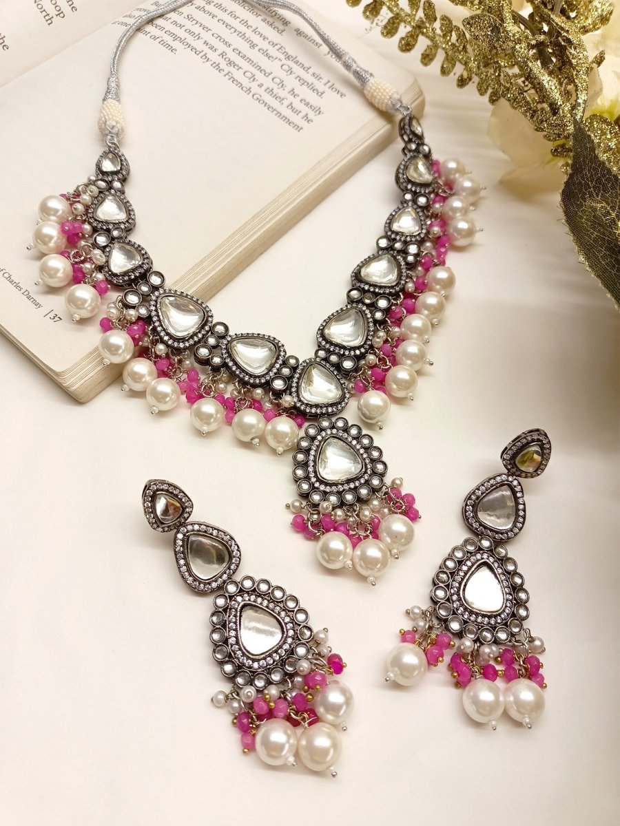 Poornima Pink Kundan Necklace Set - House of Sarvati LLC