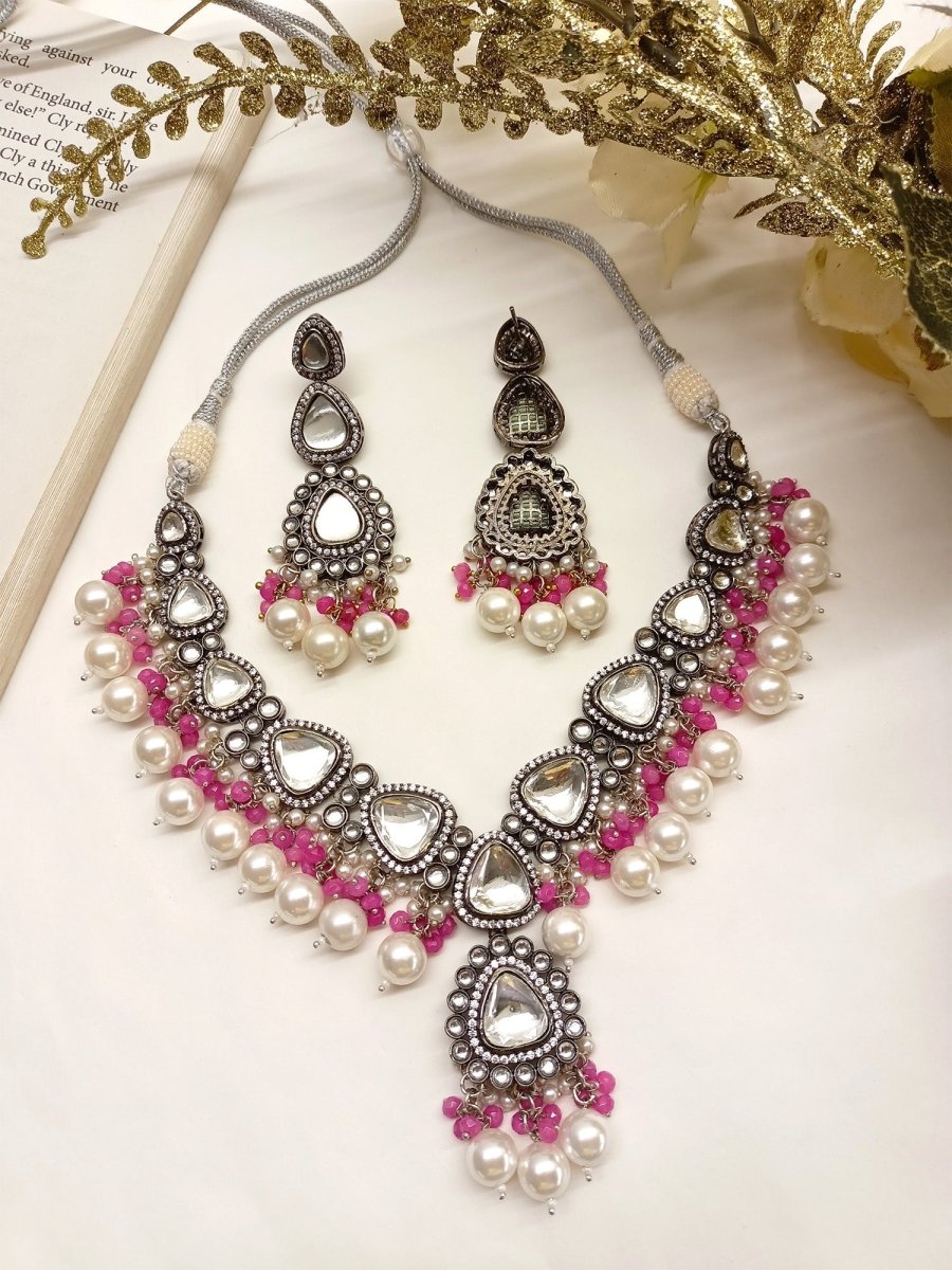 Poornima Pink Kundan Necklace Set - House of Sarvati LLC