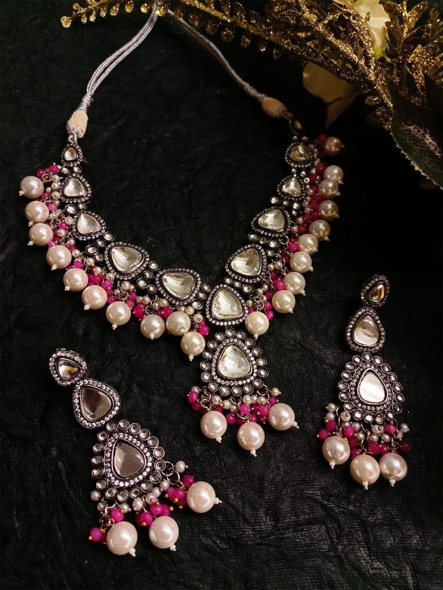 Poornima Pink Kundan Necklace Set - House of Sarvati LLC