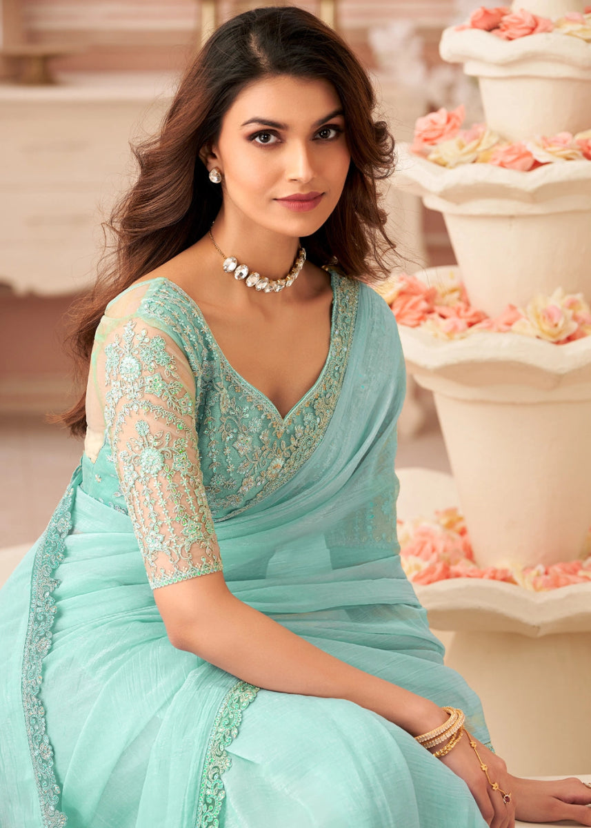 Powder Blue Embellished Georgette Saree with Designer Blouse - House of Sarvati LLC