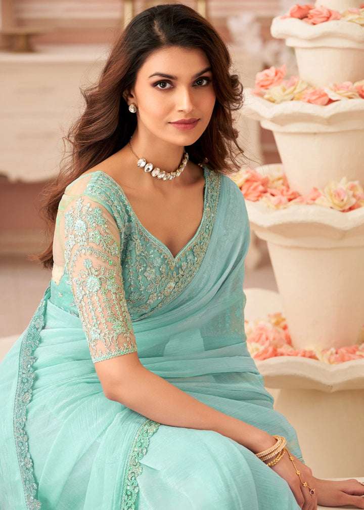 Powder Blue Embellished Georgette Saree with Designer Blouse - House of Sarvati LLC