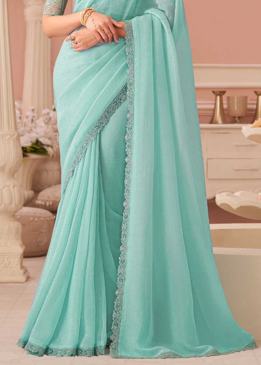 Powder Blue Embellished Georgette Saree with Designer Blouse - House of Sarvati LLC
