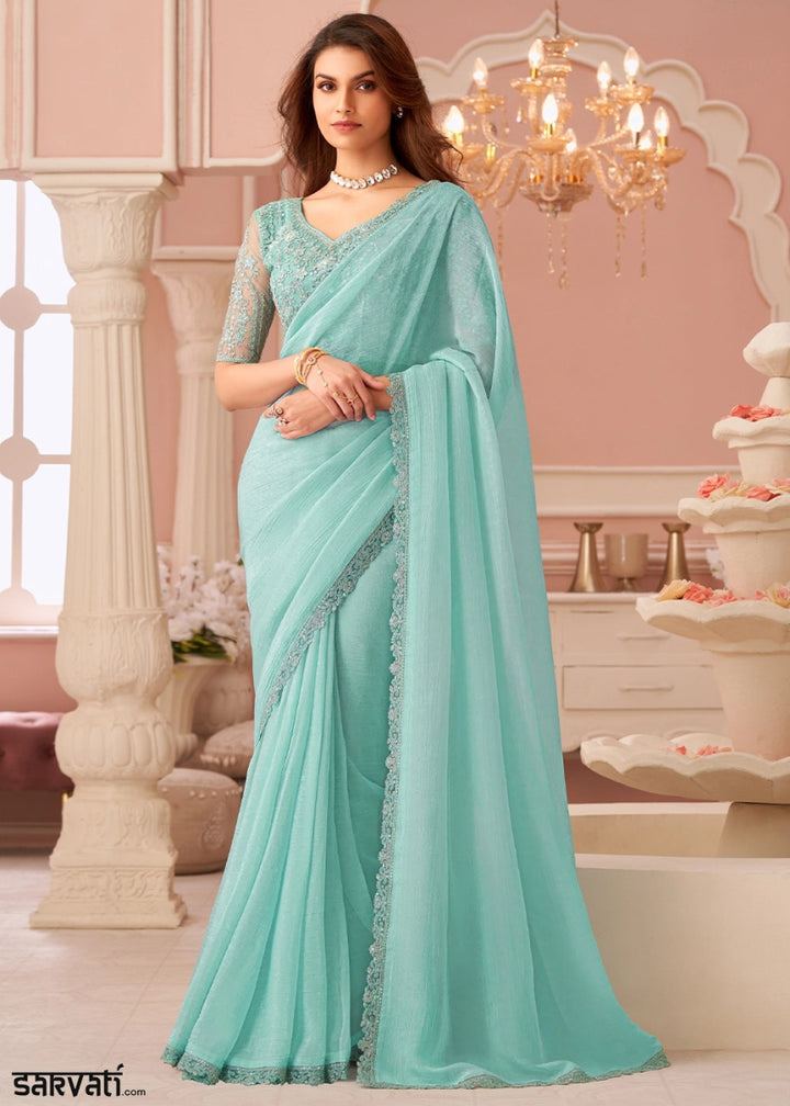 Powder Blue Embellished Georgette Saree with Designer Blouse - House of Sarvati LLC