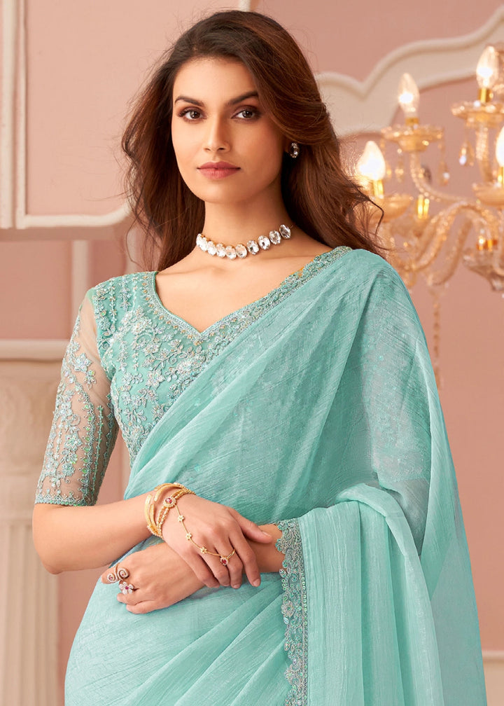 Powder Blue Embellished Georgette Saree with Designer Blouse - House of Sarvati LLC