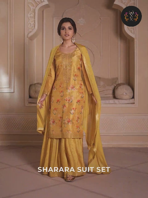 Canary Yellow Jacquard Dola Silk Suit with Digital Floral Printed