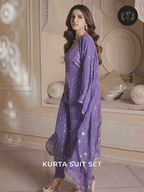 Royal Purple Jacquard Dola Silk Suit Embellished with Embroidered Neckline