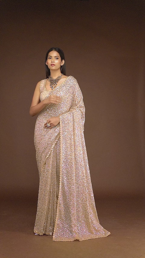 Shades Of Brown Sequins Georgette Saree with Thread Embroidery