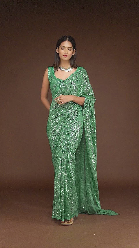 Slimy Green Sequins Georgette Saree with Thread Embroidery